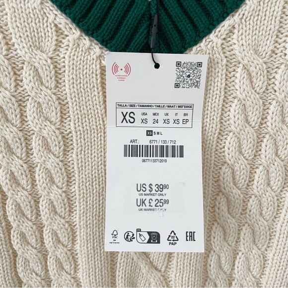 NWT Zara Cable Knit Varsity Sweater Vest in Cream/Green - Picture 7 of 8